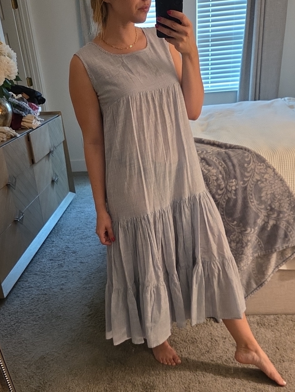 Shade Amour Blue Stripe Cotton Tiered Midi Maxi Dress Size Small Coastal - Picture 5 of 9